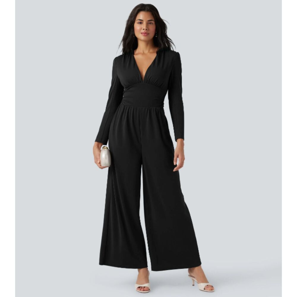 NWT Black V Neck Long Sleeve Ruched Jumpsuit with Pockets-Easy Peezy Edition M